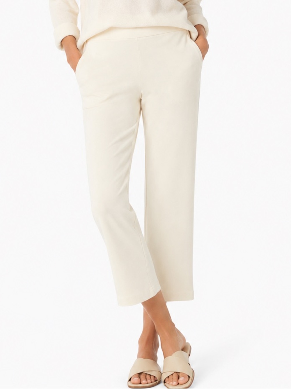 Eileen Fisher Cream Stretch Crepe Pull On Crop Pants M
